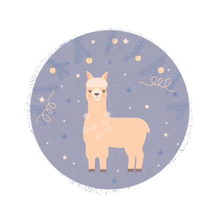 Cute llama with a garland of lights around her neck. Animal illustration for a Christmas card.のイラスト素材