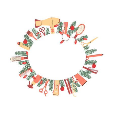Christmas hair salon frame with hairdressing accessories and fir branches. Template with copy space for congratulations, certificate, information. Vector illustrationのイラスト素材