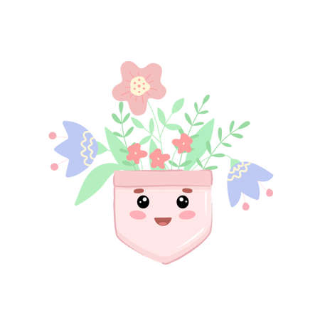 Hand drawn cute kawaii pocket with flowers. Cartoon face for T-shirt design and childrens printのイラスト素材