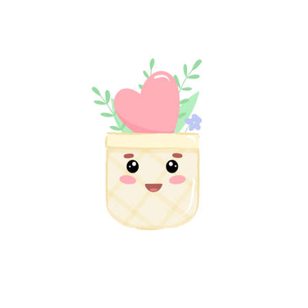 Hand drawn cute kawaii pocket with heart. Cartoon face for T-shirt design and kids print and posterのイラスト素材