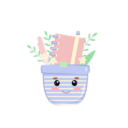 Hand drawn cute kawaii pocket with notepad and pens. Cartoon face for T-shirt design, kids print or posterのイラスト素材