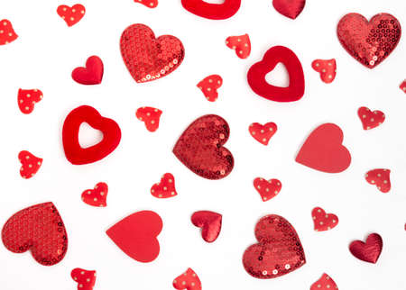 Hearts of different shapes on a white background. Background for a Valentines day greeting card.