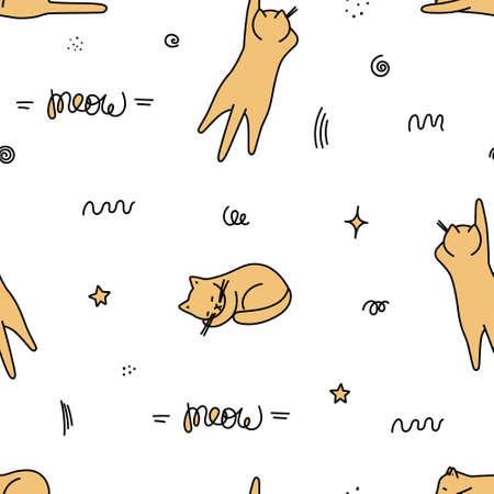 Seamless pattern with cute cat sleeping. Doodle vector illustration with editable line with black and yellow color.のイラスト素材