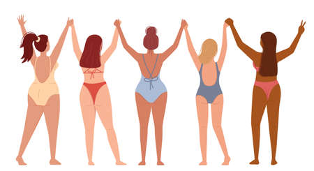 Women with different skin colors in swimsuits hold each others hands. A view from the back of a group of females having fun in the summer. The concept of female friendship and support. Flat vectorのイラスト素材