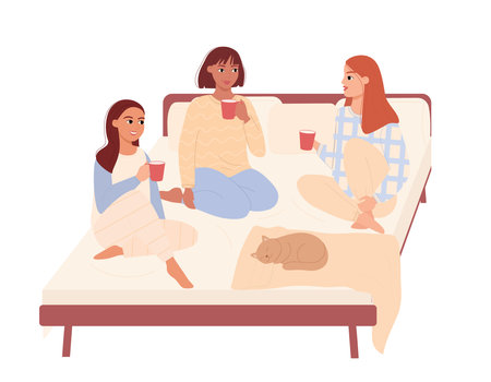 Three pretty female friends are sitting on the bed and talking. Girlfriends of different races have a good time together. Flat vector illustration of a pajama party.のイラスト素材
