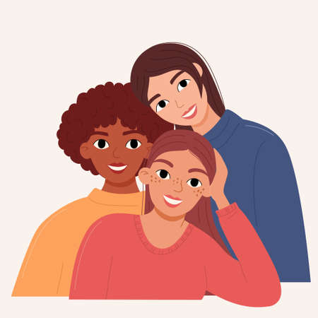 Portrait of three young female friends of different skin colors. Beautiful women smile, enjoy their friendship. The concept of female support and care. Flat vector illustration.のイラスト素材