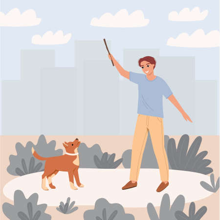 A young man plays with a dog in nature near the buildings of the city. The guy holds a stick in his hand and smiles. Illustration of friendship with a pet.のイラスト素材