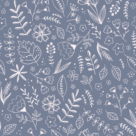 Seamless pattern with simple flowers, twigs and leaves. Light lines on blue gray background in doodle style. Vector illustration for decorating natural and organic cosmetics, textiles.のイラスト素材