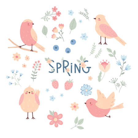 Cute spring set with birds and flowers. Cartoon childish elements isolated on white background. Simple colorful vector illustration.のイラスト素材