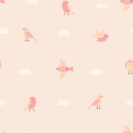 Seamless pattern with cute pink birds and clouds on beige background. Childish simple vector illustration for design, fabric and textiles.のイラスト素材