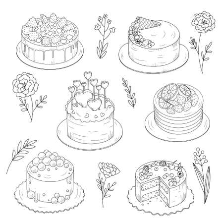 Set of cakes and flowers. Sketch, outline on white background. Dessert for decorating pastry shop.のイラスト素材