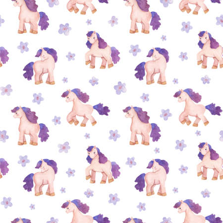 Seamless pattern with pony and simple flowers. Cute childrens drawing for textiles and nursery. Watercolor illustrationの写真素材