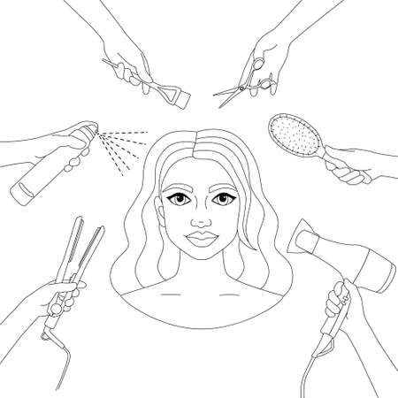 Young female customer in hair salon. Hairdresser serves beautiful woman. Concept of haircuts, coloring, hair care. Contour sketch vector illustration.のイラスト素材