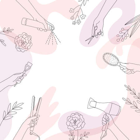 Frame of hairdressing tools in hands of stylist. Hair salon accessories, hair dryer, comb, scissors and abstraction. Template for design, information, business cardのイラスト素材