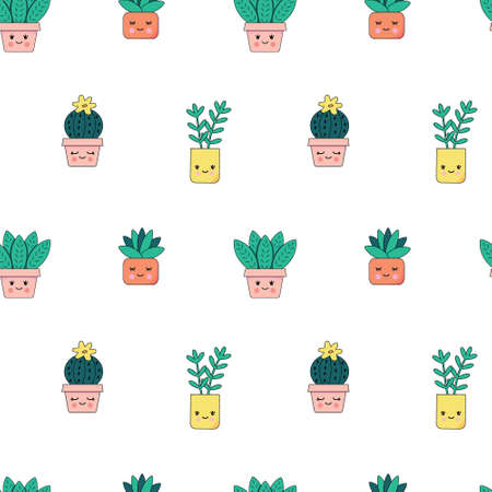 Seamless pattern with cute happy houseplants with faces. Cartoon kawaii cacti in flower pots. Kids flower pattern.のイラスト素材