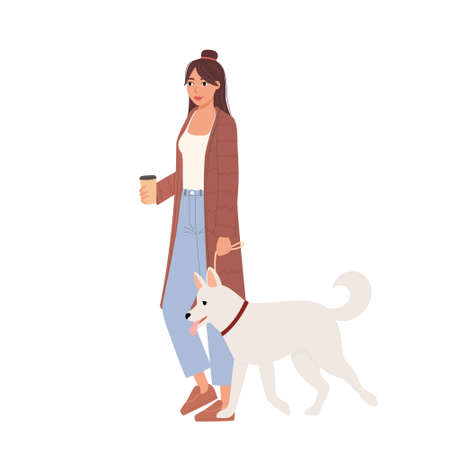 Young woman walking with her dog in the park. Cartoon flat vector illustration of female with coffee in her hand and pet.のイラスト素材
