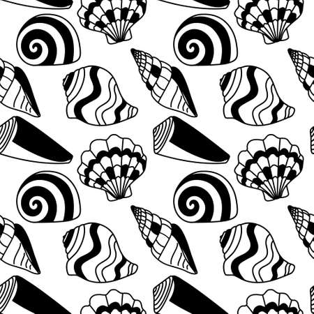 Seamless pattern with abstract shells black outline on white.のイラスト素材