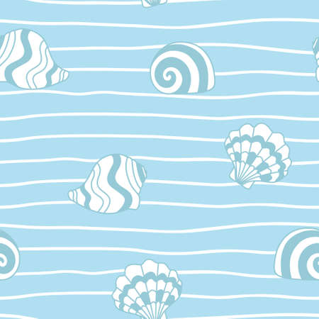 Seamless pattern with abstract shells blue outline on white wavy lines. Marine designのイラスト素材
