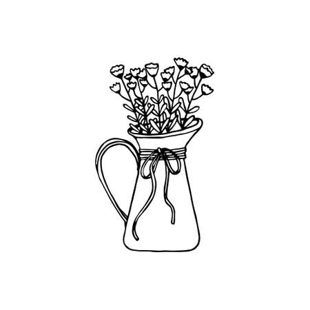 Black outline of jug with bouquet of flowers. Doodle silhouette of simple vase. Hand drawn cute icon.のイラスト素材