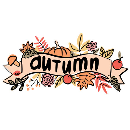 Text autumn and leaves. Hand drawn vector illustration for fall design.のイラスト素材