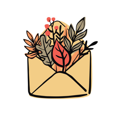 Envelope with autumn leaves and twigs inside. Hand drawn vector illustration for stickers, icons, postcards.のイラスト素材