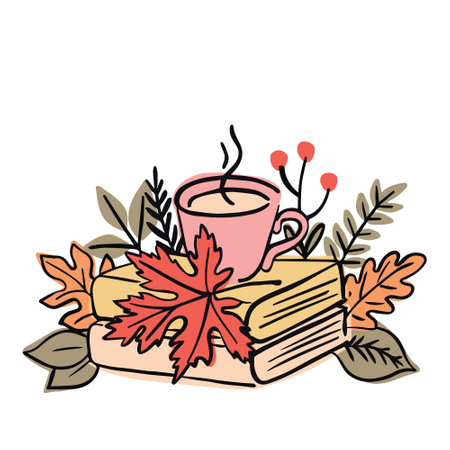 Books and mug surrounded by leaves and twigs. Autumn mood. Hand drawn vector illustration for stickers, icons, postcards.のイラスト素材