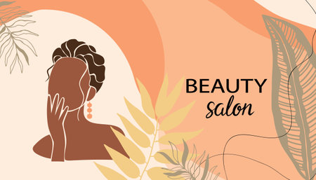 Minimalist abstract background with portrait of dark skinned woman. Beauty salon template for business card or flyer, cover, poster.のイラスト素材