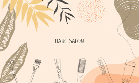 Frame, border of hairdressing tools. Hair salon accessories outline, comb, scissors and abstraction. Vector illustration, template for design and hairdresser information.のイラスト素材