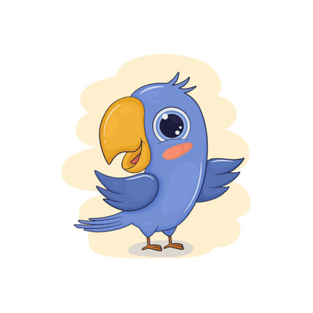 Cute blue parrot with big eyes is smiling. Cartoon vector character illustration for kids designのイラスト素材