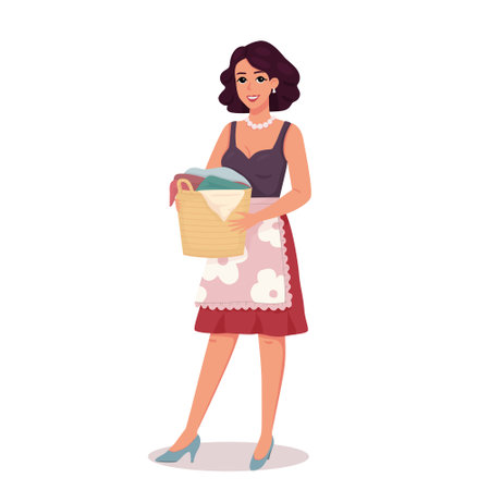 Young beautiful woman with dark hair stands holding basket of laundry in her hands. Housewife character is isolated on white. Vector illustration.のイラスト素材