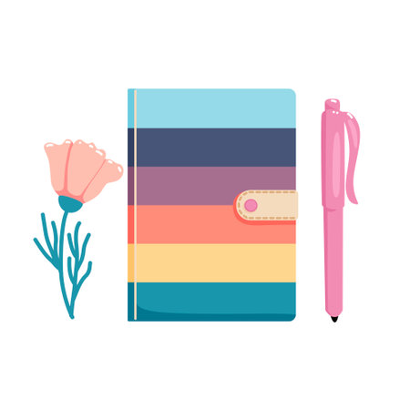 Top view of a closed notebook and pen. School accessories. Doodle vector illustration.のイラスト素材