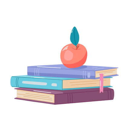 Stack of books and apple. Vector illustration of textbooks in doodle style. Icon sign for design and sticker.のイラスト素材