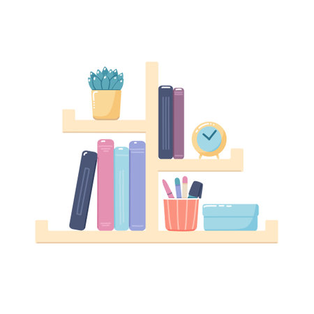 Book shelves for schoolchild. Rack books with plant in pot, clock and accessories. Flat vector illustration with home shelf. Isolated design elementのイラスト素材