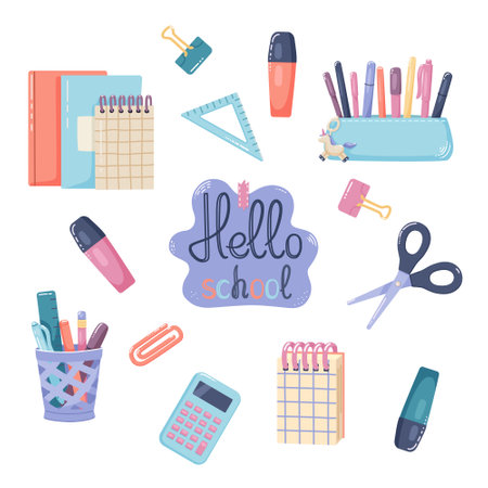 Set of school supplies. Childish cute stationery subjects. Back to school. Vector flat illustration in hand drawn style.のイラスト素材