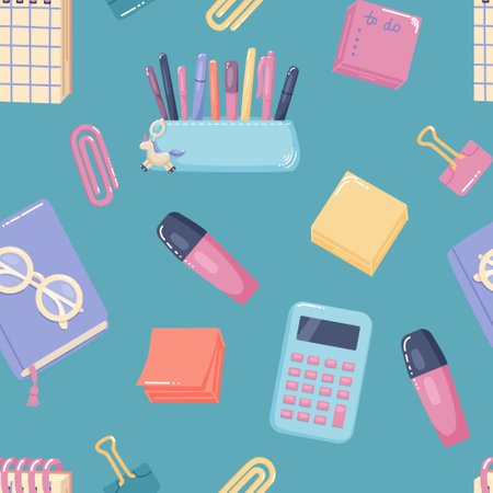 Back to school seamless pattern with supplies. Background with doodle vector multicolored elements.のイラスト素材