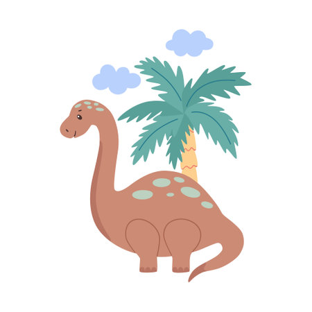 Dinosaur and palm tree. Funny cute childish vector illustration for design and print.のイラスト素材