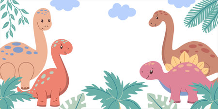 Banner horizontal frame with cute dinosaurs and tropical plants. Childish hand drawn vector illustration.のイラスト素材