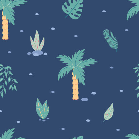 Seamless pattern with childish palm trees and tropical plants on a dark blue background. Vector illustration for baby textiles.のイラスト素材