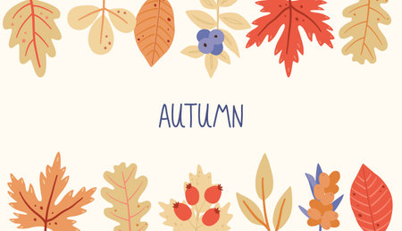 Childish horizontal frame template with floral and forest elements. Vector autumn background banner.のイラスト素材