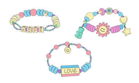 Set of funky bracelets in style of 90s. Flat vector illustration