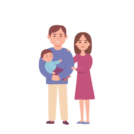 Husband and wife with baby. A happy young family. Concept of happiness, care and parenthood. Flat vector illustrationのイラスト素材