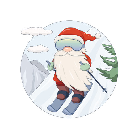 Santa Claus skier is skiing down mountain slope. Isolated Christmas illustration for greeting card. Printable flat vector for T-shirts.のイラスト素材