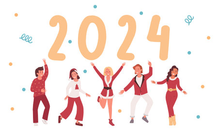 New Years Eve party with young people in red outfits. The numbers 2024 are next to the dancing happy different people.のイラスト素材
