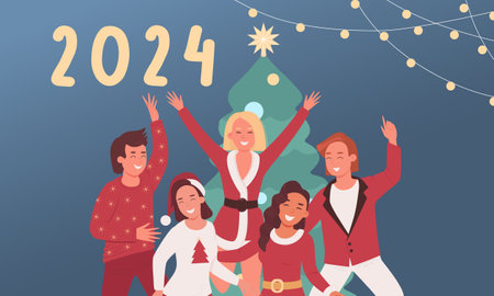 New Years party with young people in red outfits. The numbers 2024, Christmas tree and dancing happy different people on blue background.のイラスト素材