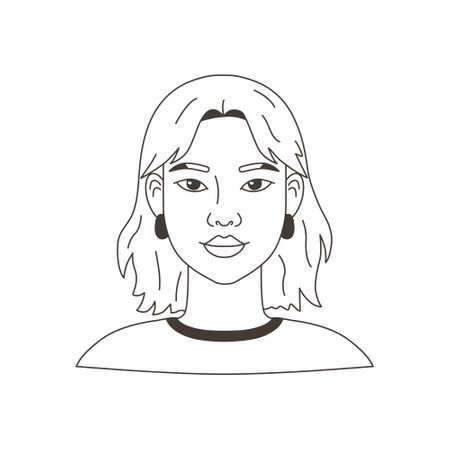 Portrait of Asian woman in doodle hand drawn style. Avatar of girl, face, head, sketch, lines, outline for design. Simple icon isolated vector illustration.のイラスト素材