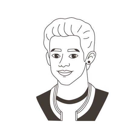 Portrait of young man in doodle hand drawn style. Guys avatar, face, head, sketch, line, outline. Simple icon vector illustration.のイラスト素材