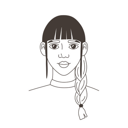 Portrait of woman with fringe and pigtail in doodle hand drawn style. Avatar of girl, face, head, sketch, lines, outline for design. Simple icon isolated vector illustration.のイラスト素材