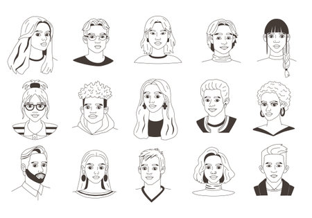 Set of sketch portraits of various young men and women. Avatars in doodle style. Collection of people icons. Simple isolated vector illustration of human faces.のイラスト素材