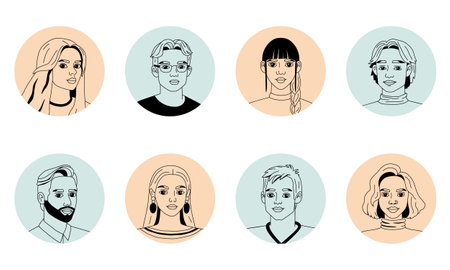 Set of sketch portraits of various young men and women. Avatars with circles in doodle style. Collection of people icons. Simple isolated vector illustration of human faces.のイラスト素材