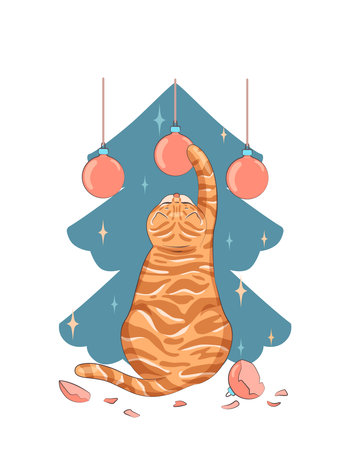Red striped cat reaches for decorations on Christmas tree. Funny vector illustration with cute pet back. Print for T-shirt and celebration design.のイラスト素材